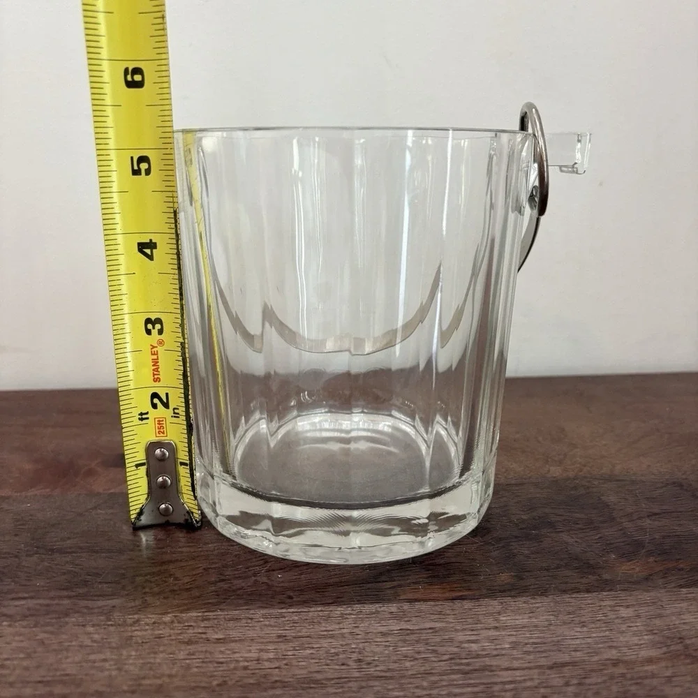 Vintage Faceted Glass Ice Bucket Handle Mid Century Heavy Paneled Barware Wine